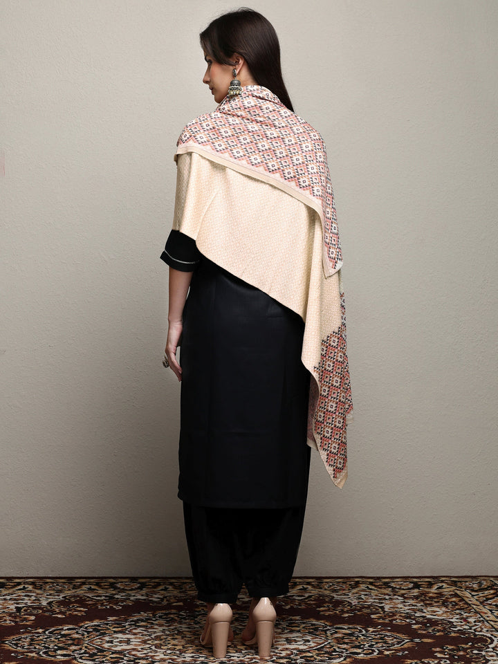 Beige Woven Design Wool Women'S Shawl