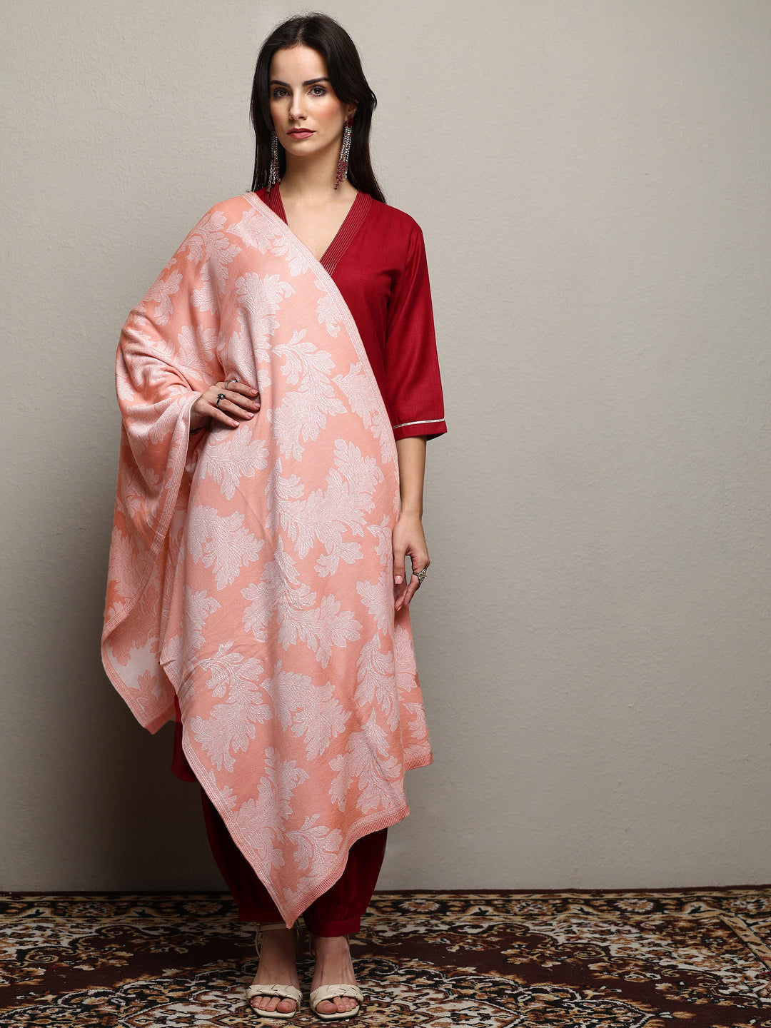 Peach Woven Design Wool Women'S Shawl