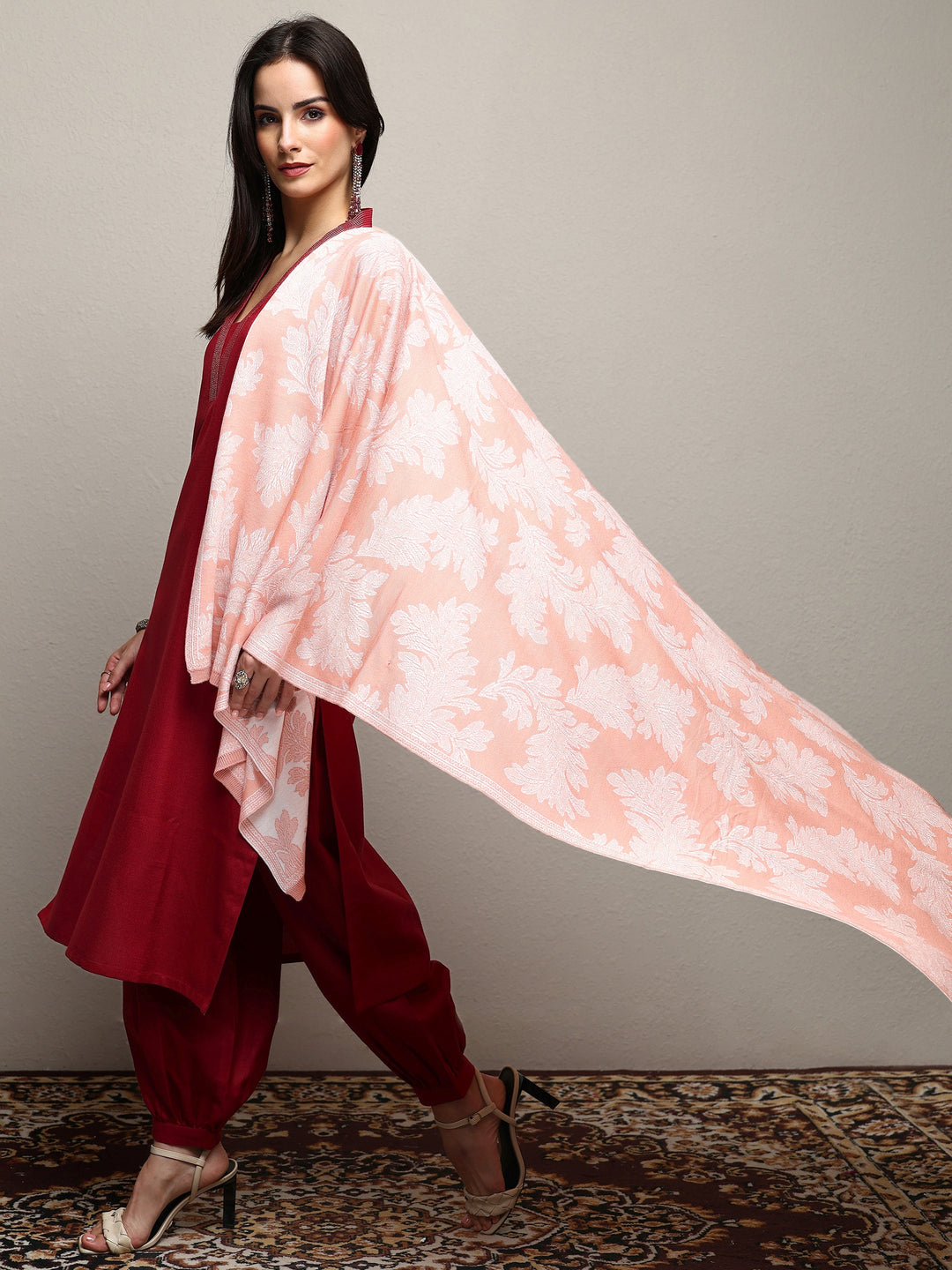 Peach Woven Design Wool Women'S Shawl