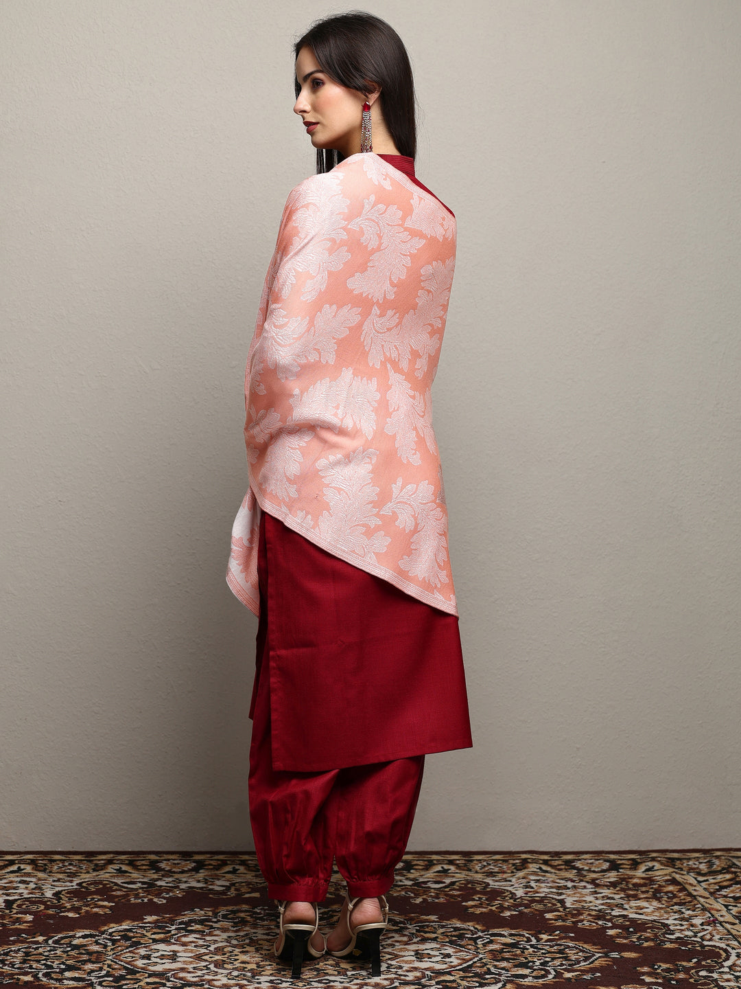 Peach Woven Design Wool Women'S Shawl