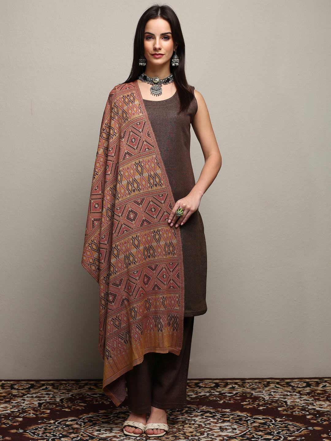 Brown Woven Design Wool Women'S Shawl