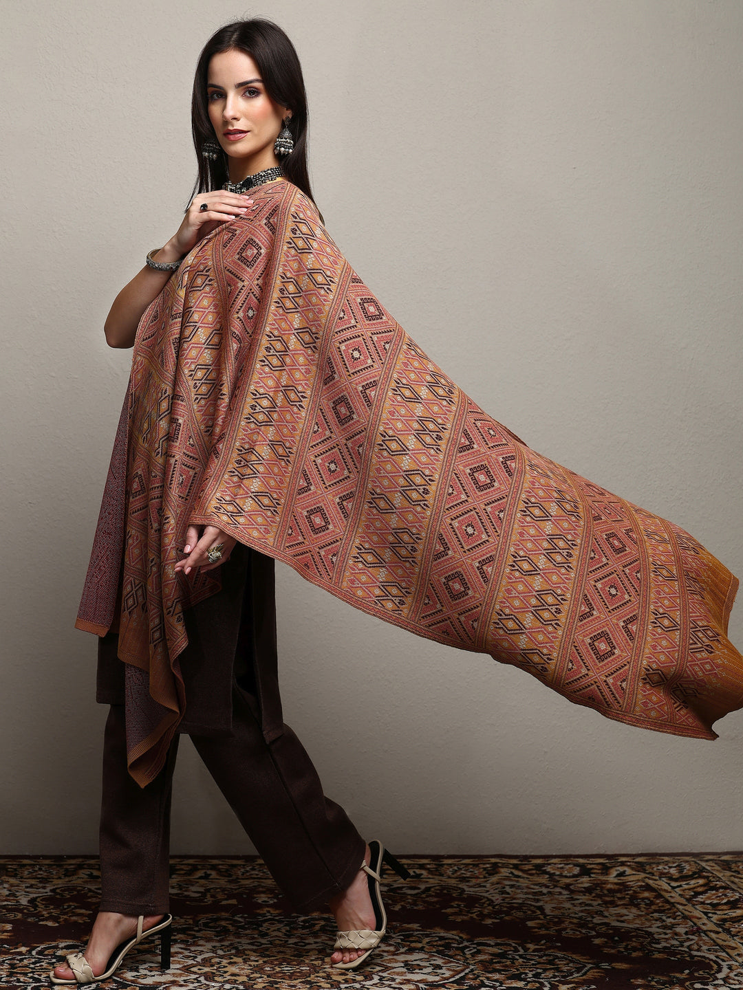 Brown Woven Design Wool Women'S Shawl