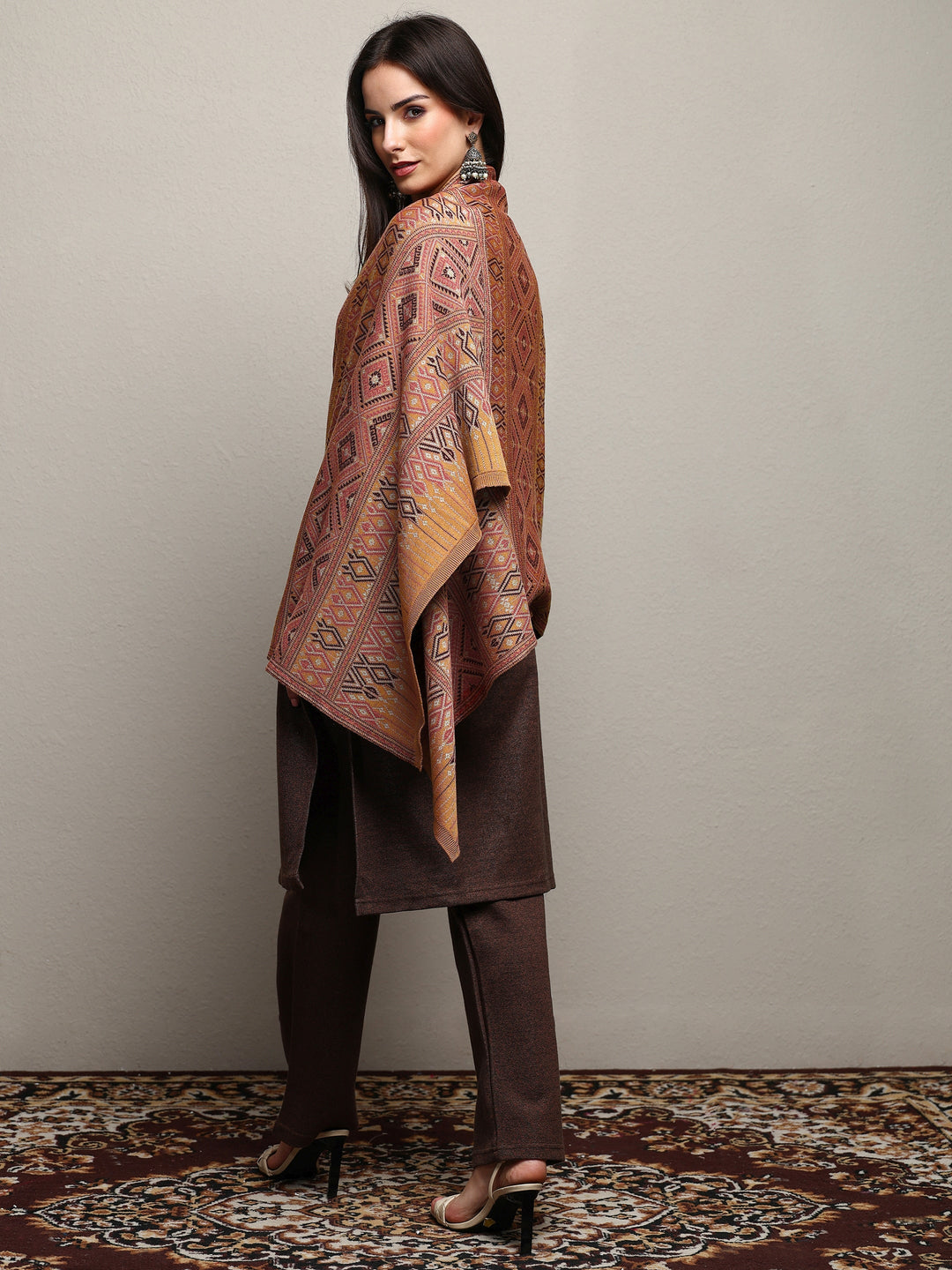 Brown Woven Design Wool Women'S Shawl