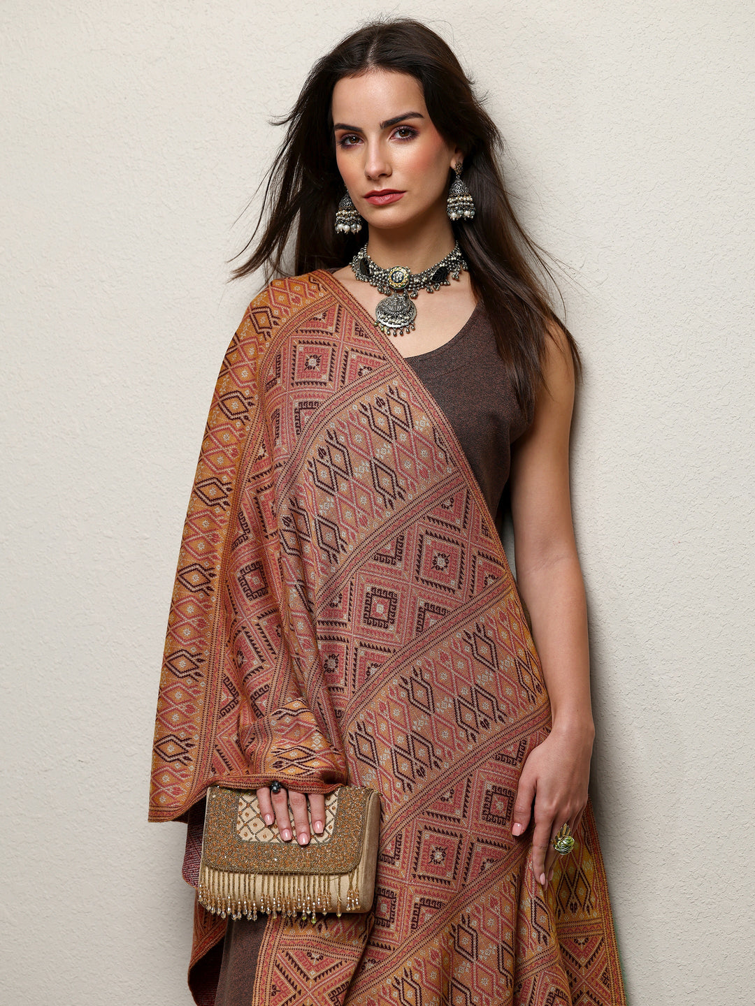 Brown Woven Design Wool Women'S Shawl