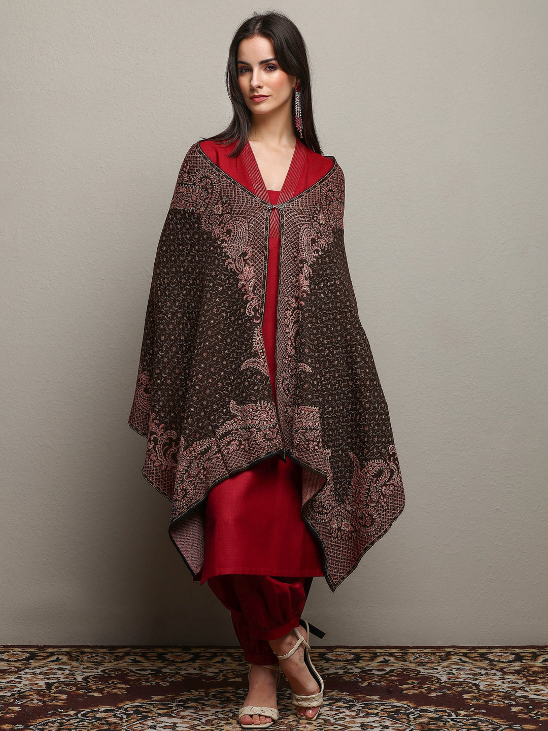 Black Woven Design Wool Wrap Shawl 