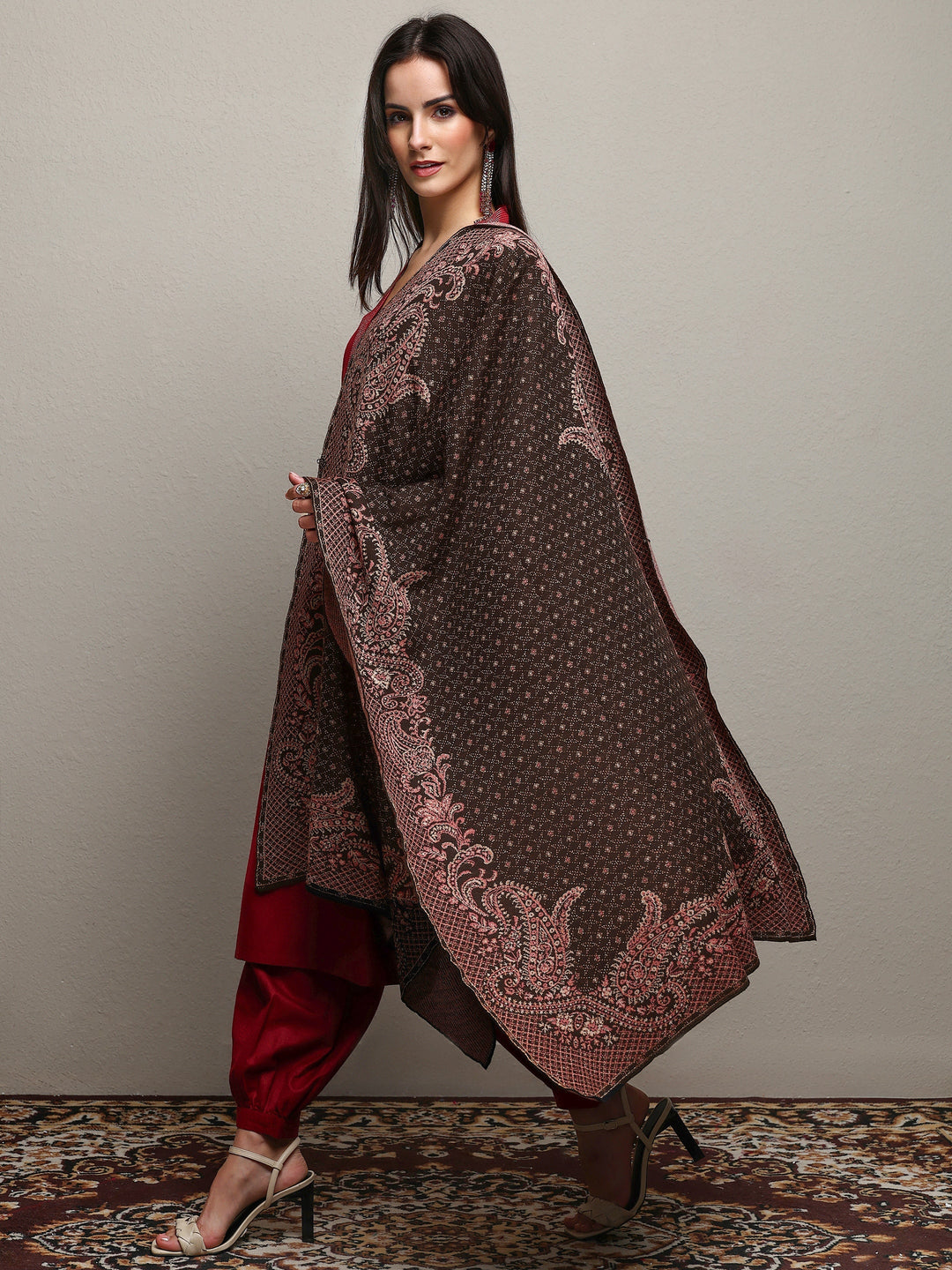 Black Woven Design Wool Wrap Shawl 