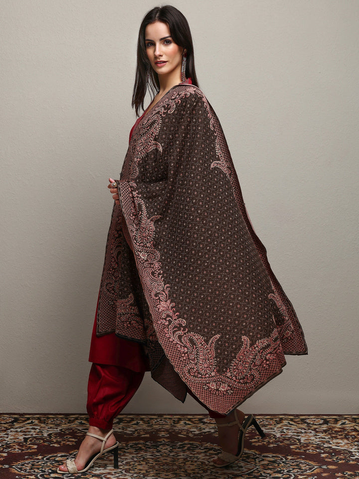 Black Woven Design Wool Wrap Shawl 