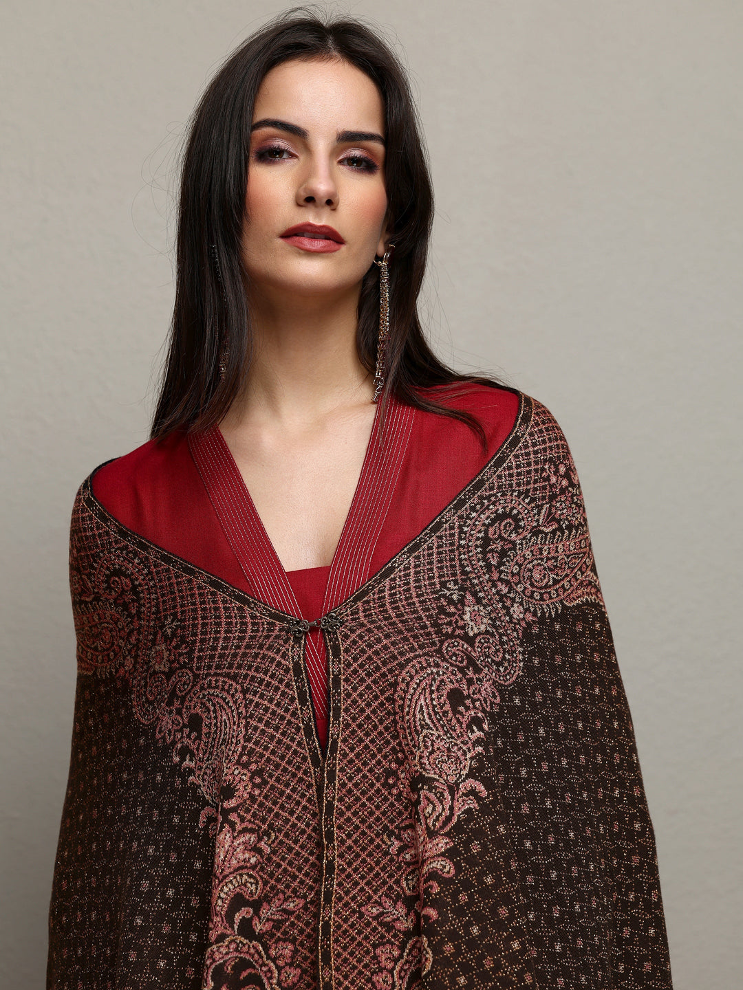 Black Woven Design Wool Wrap Shawl 