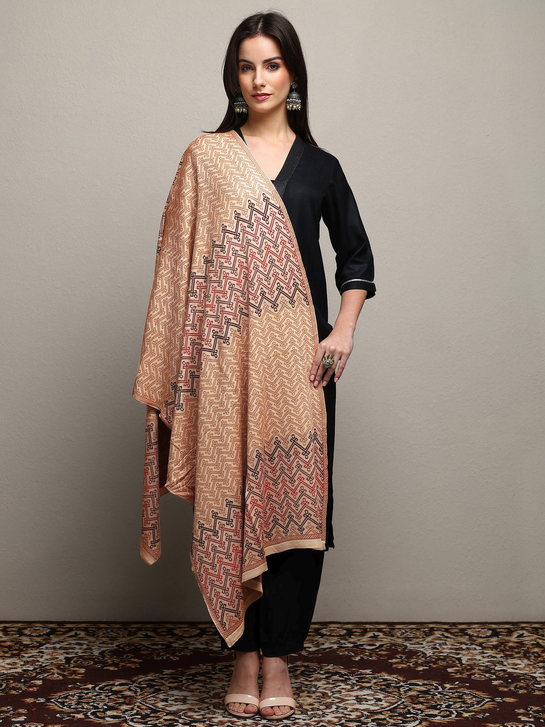 Beige Woven Design Wool Women'S Shawl