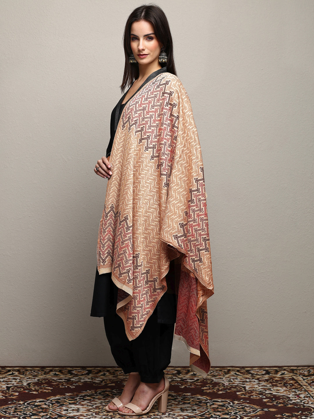 Beige Woven Design Wool Women'S Shawl