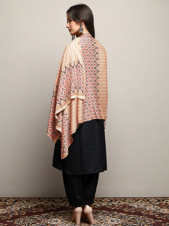 Beige Woven Design Wool Women'S Shawl