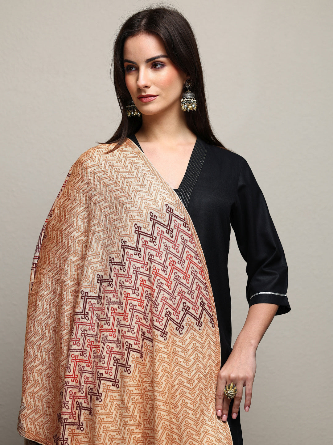 Beige Woven Design Wool Women'S Shawl