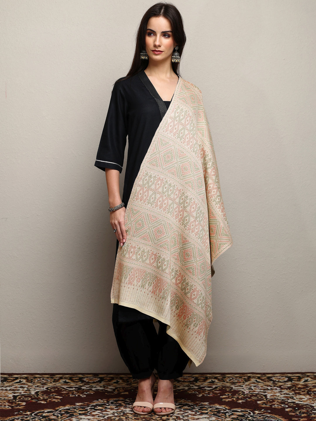 Off White Woven Design Wool Women'S Shawl