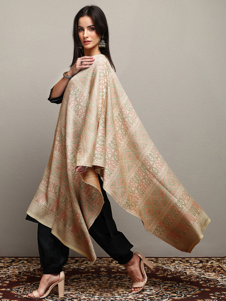 Off White Woven Design Wool Women'S Shawl