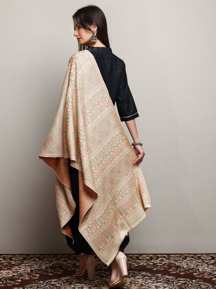 Off White Woven Design Wool Women'S Shawl