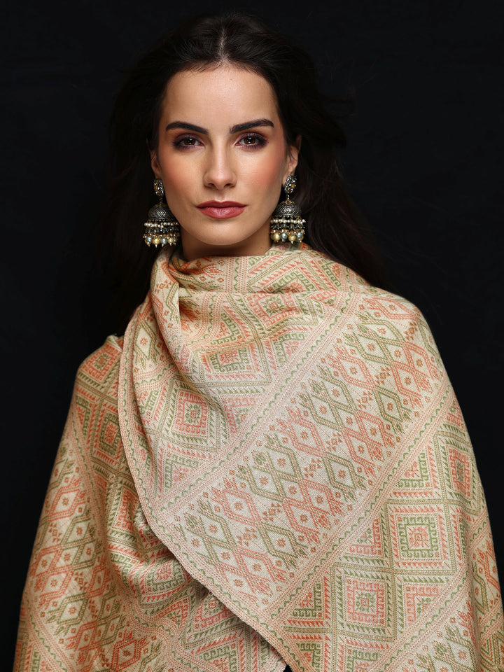 Off White Woven Design Wool Women'S Shawl