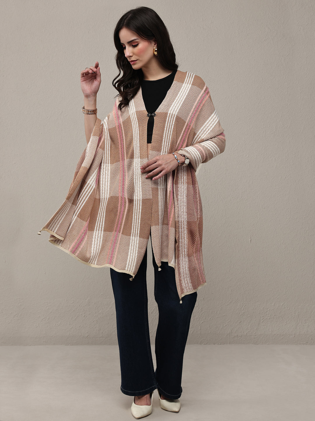 Brown Woven Design Wool Wrap Shawl 