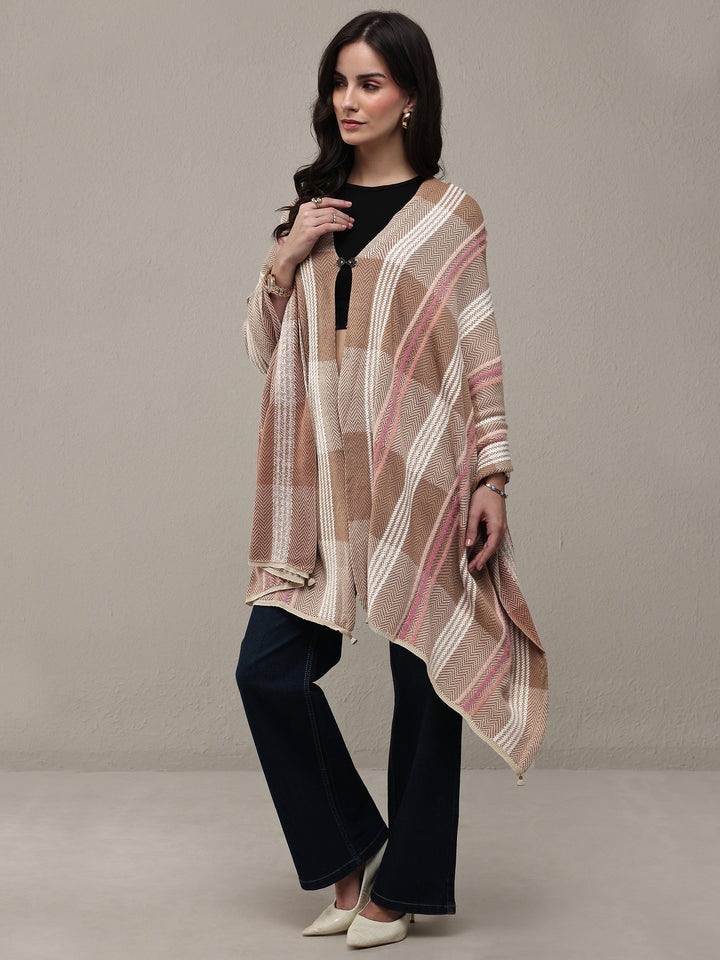 Brown Woven Design Wool Wrap Shawl 