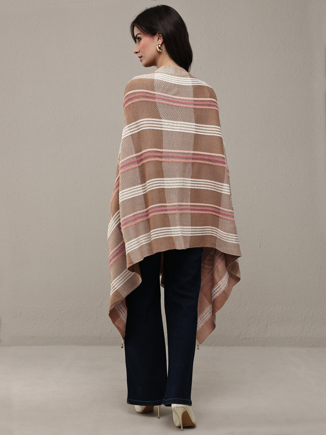 Brown Woven Design Wool Wrap Shawl 