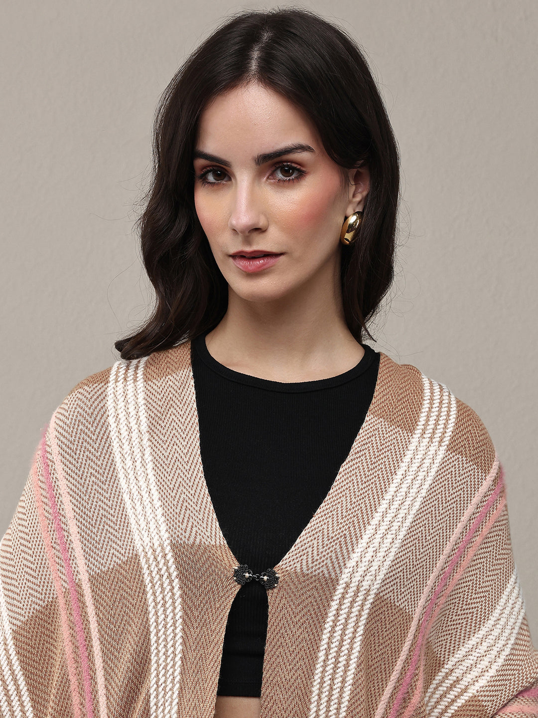 Brown Woven Design Wool Wrap Shawl 