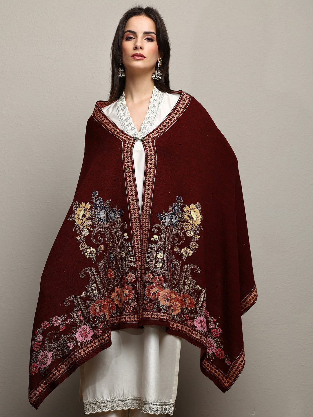 Maroon Woven Design Wool Wrap Shawl 
