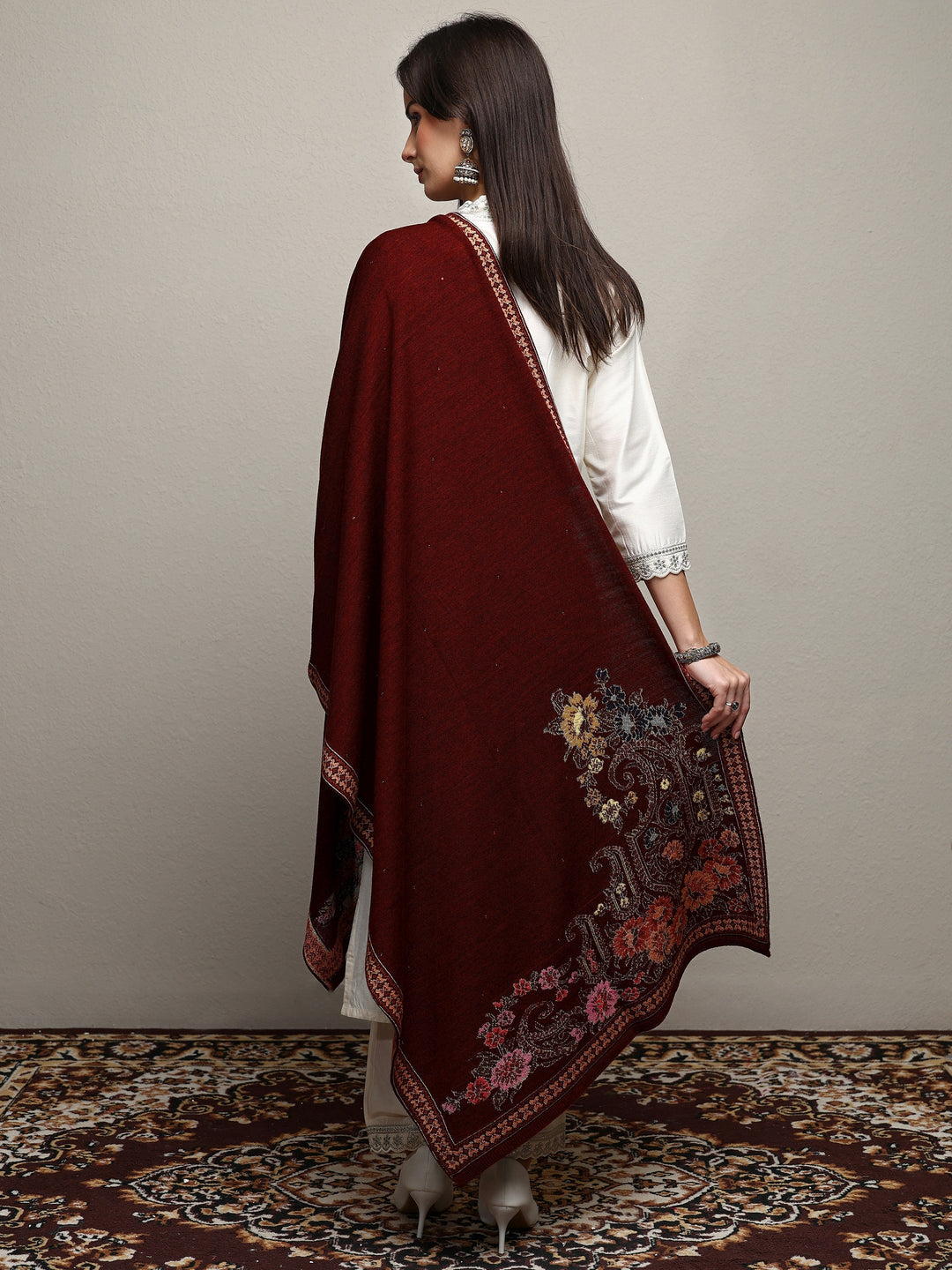 Maroon Woven Design Wool Wrap Shawl 