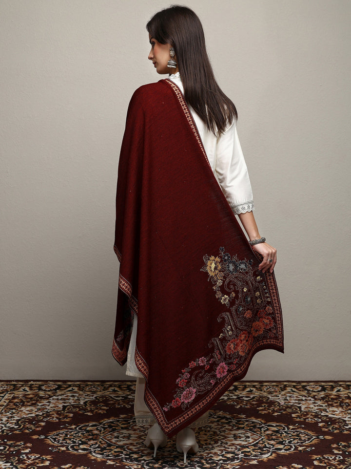 Maroon Woven Design Wool Wrap Shawl 