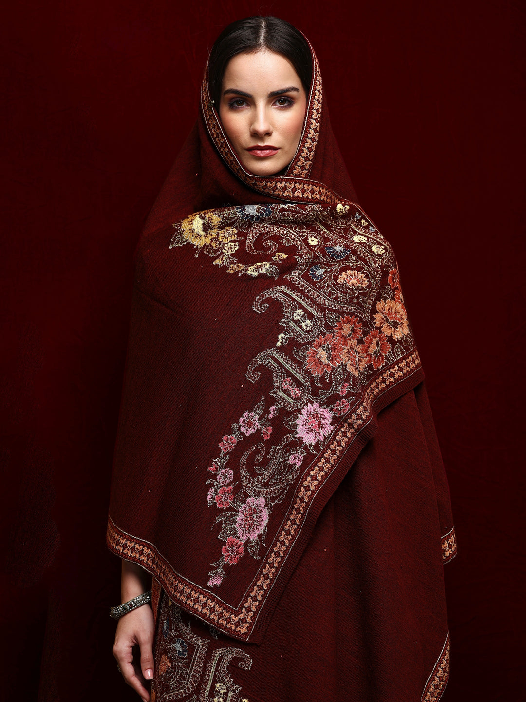 Maroon Woven Design Wool Wrap Shawl 