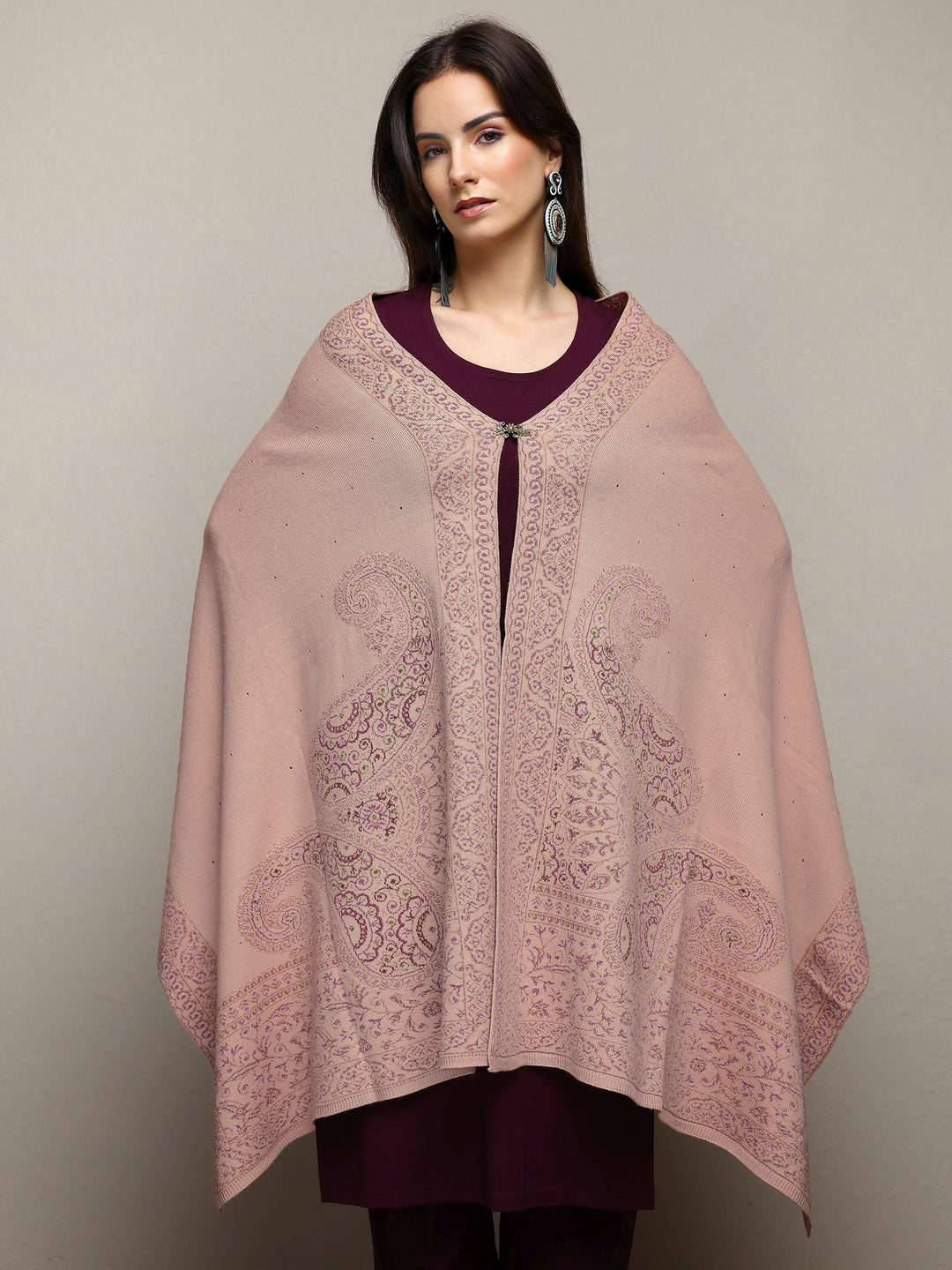 Beige Woven Design Wool Wrap Shawl 