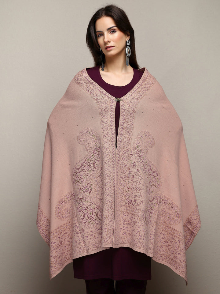 Beige Woven Design Wool Wrap Shawl 