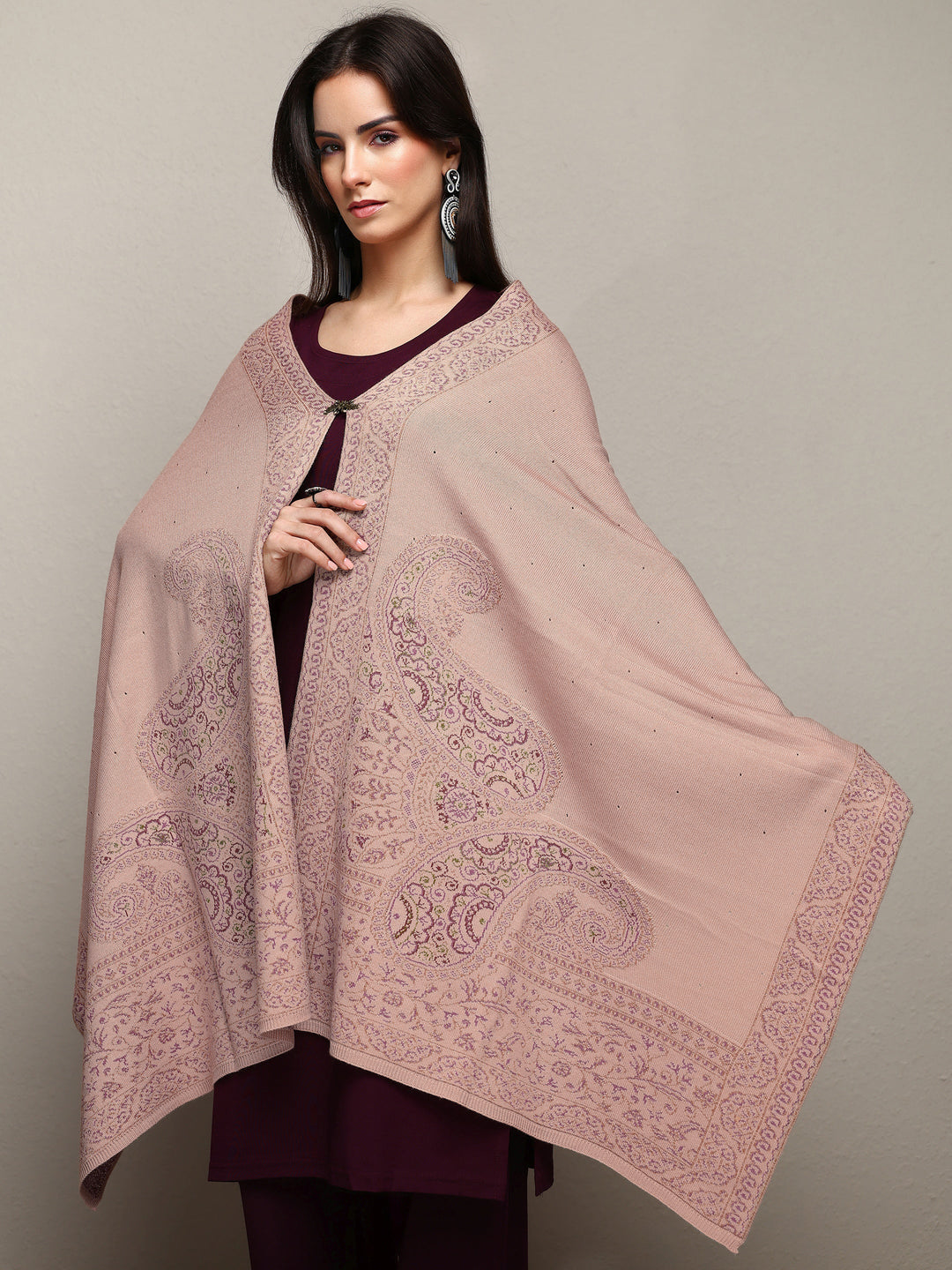 Beige Woven Design Wool Wrap Shawl 