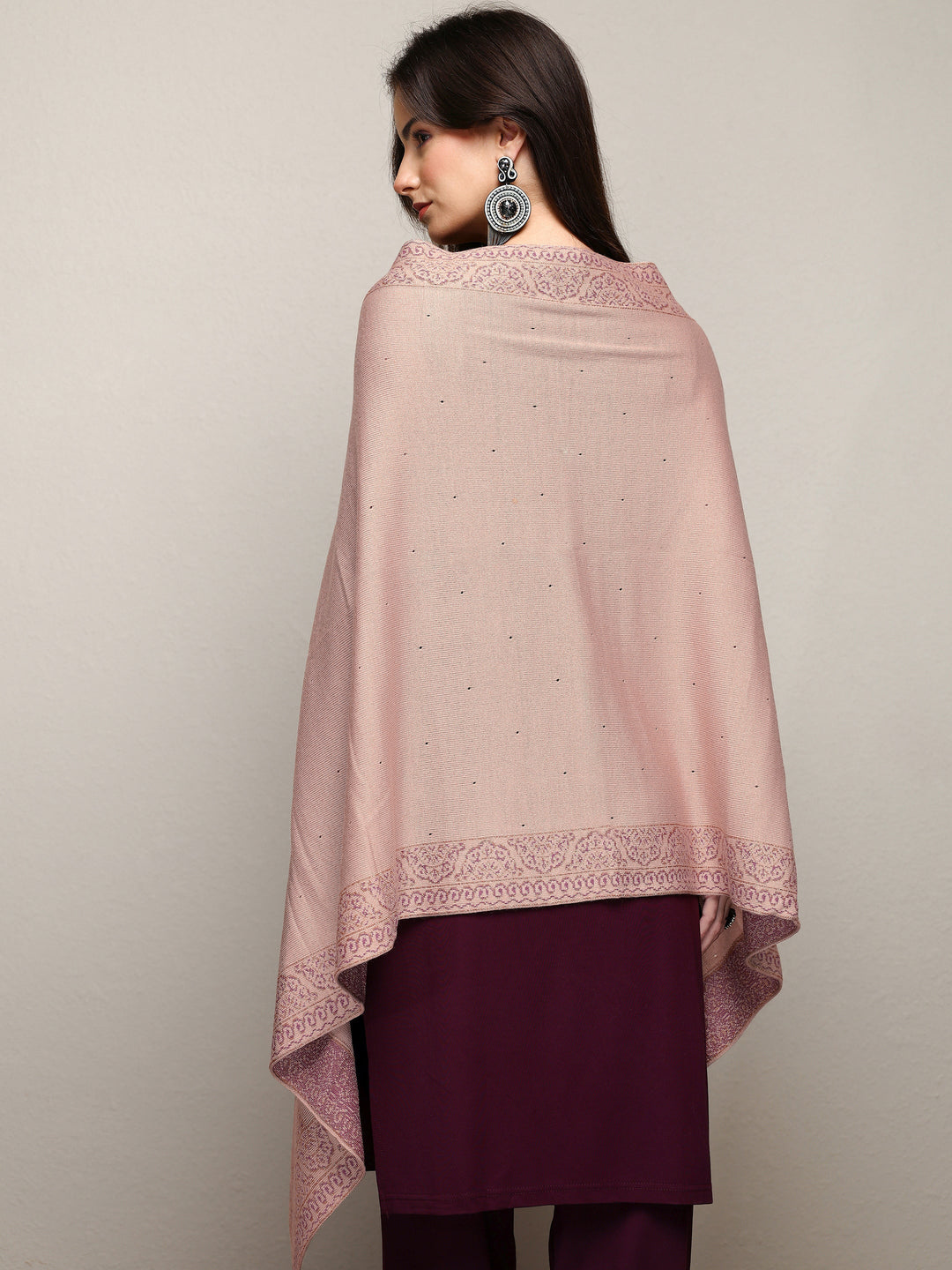 Beige Woven Design Wool Wrap Shawl 