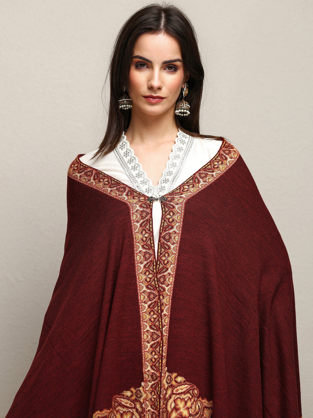 Maroon Woven Design Wool Wrap Shawl 