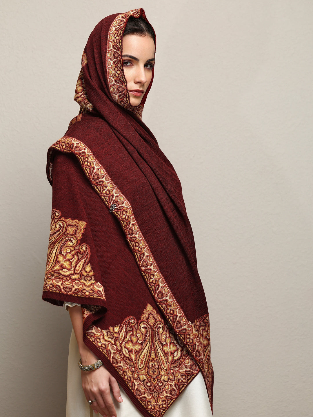 Maroon Woven Design Wool Wrap Shawl 