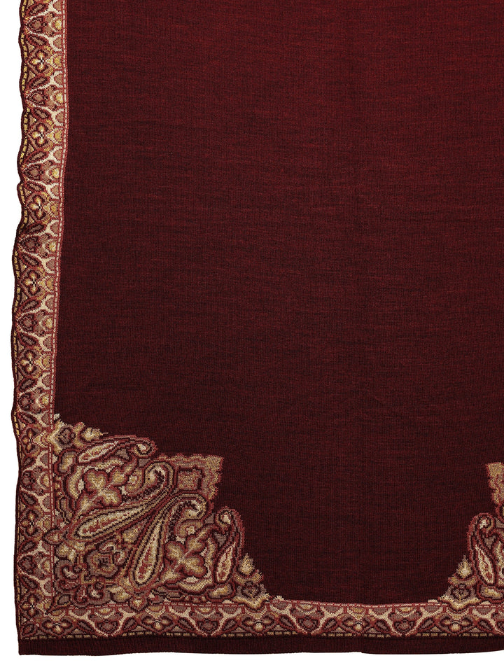 Maroon Woven Design Wool Wrap Shawl 
