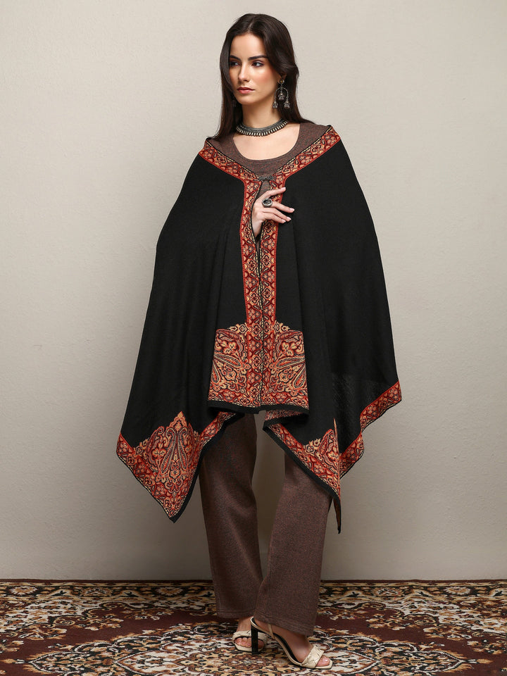 Black Woven Design Wool Wrap Shawl 