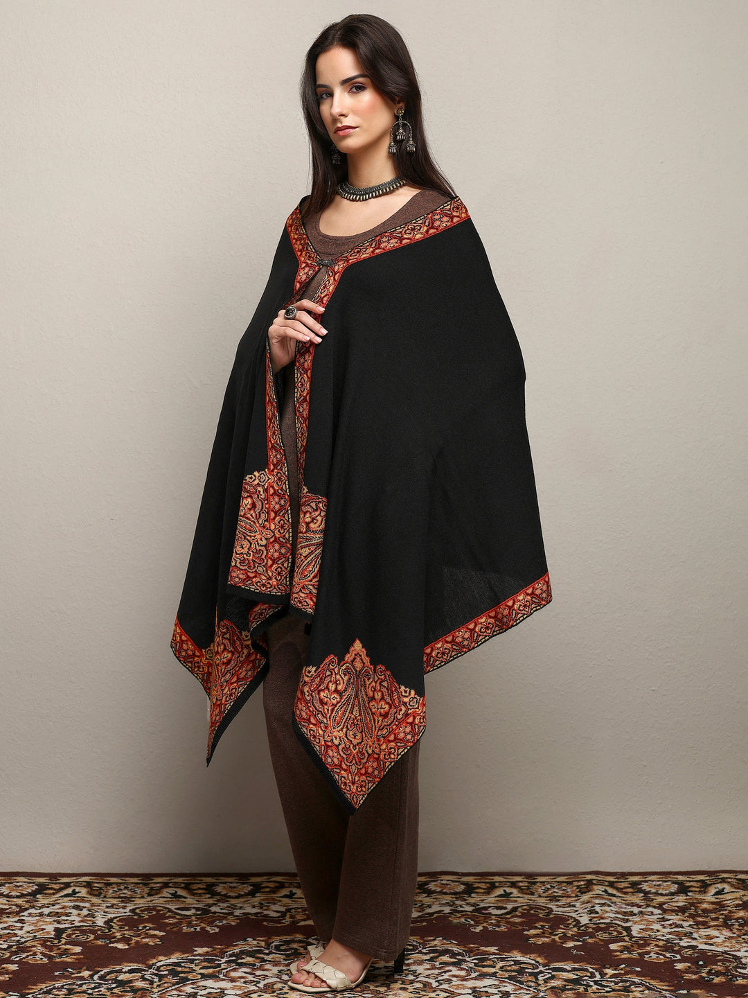 Black Woven Design Wool Wrap Shawl 