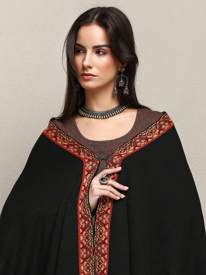 Black Woven Design Wool Wrap Shawl 