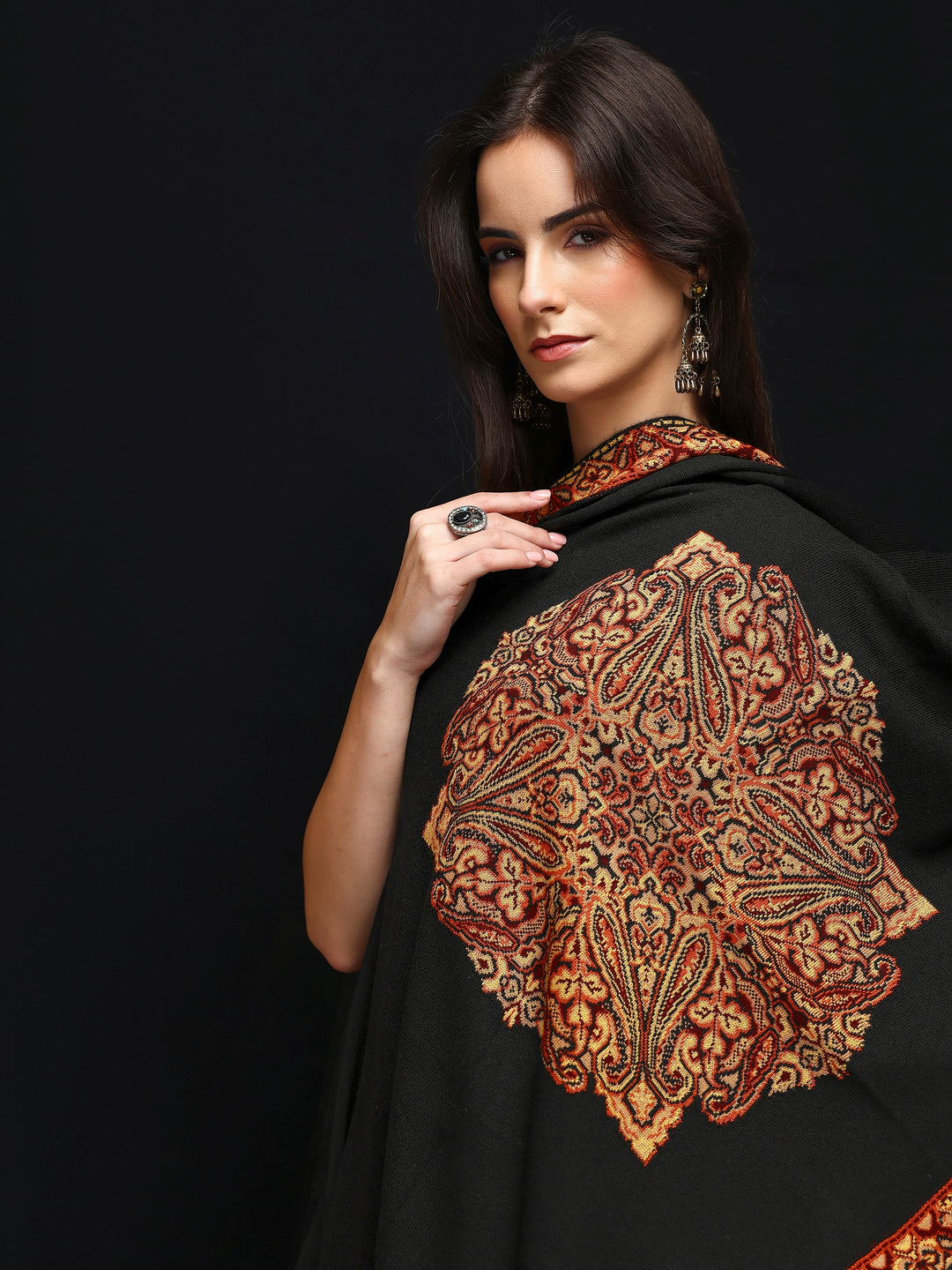 Black Woven Design Wool Wrap Shawl 