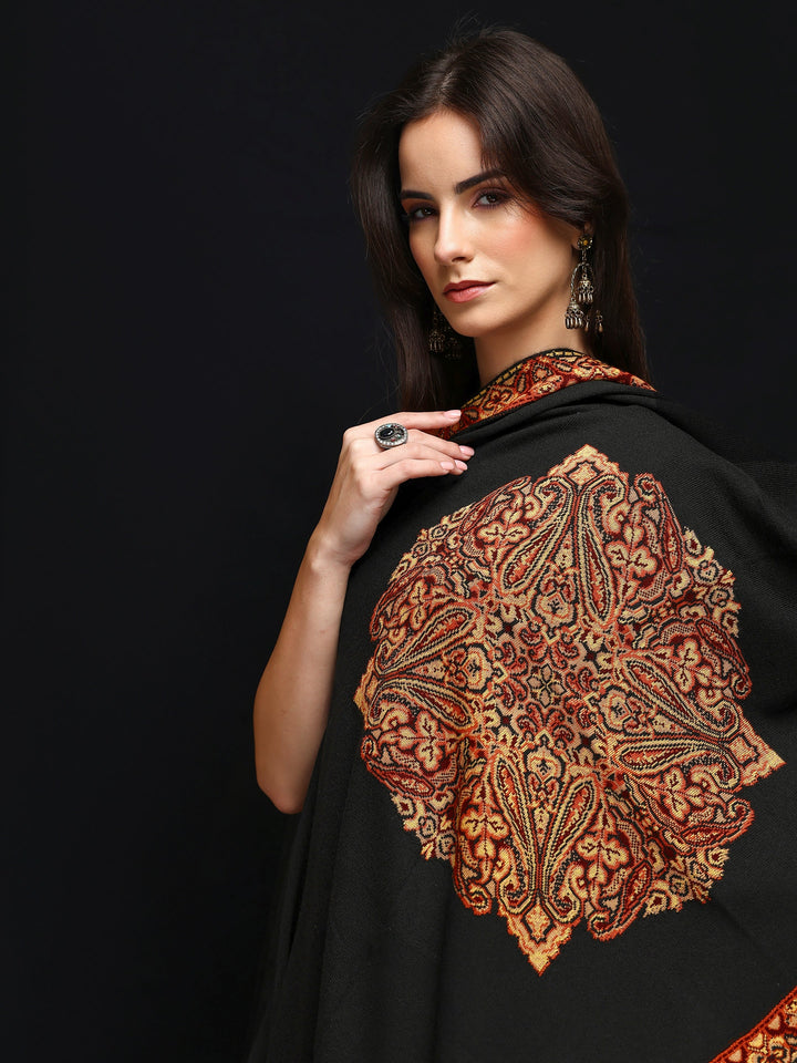 Black Woven Design Wool Wrap Shawl 
