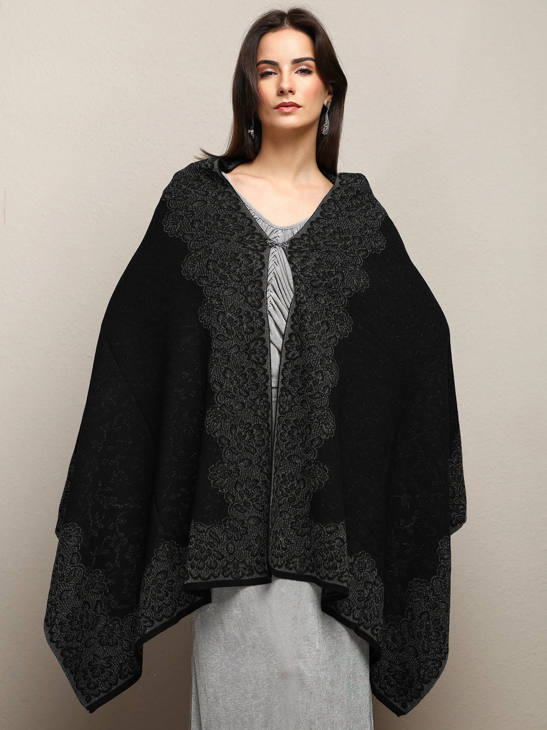 Black Woven Design Wool Wrap Shawl 