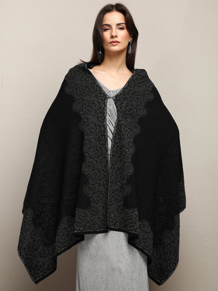Black Woven Design Wool Wrap Shawl 