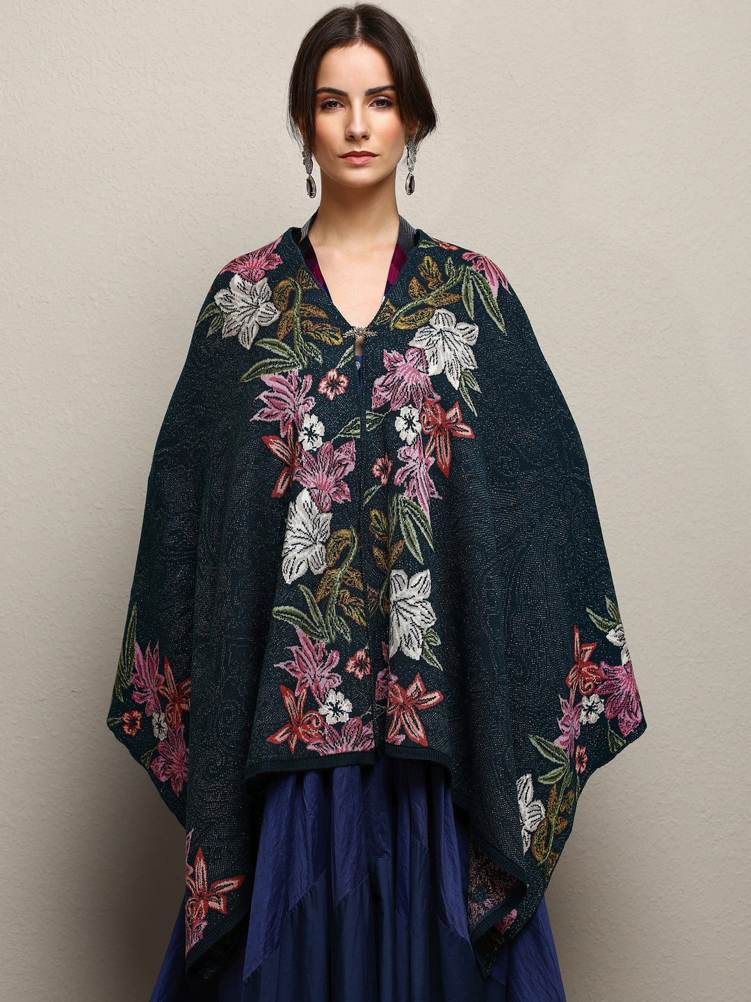 Teal Woven Design Wool Wrap Shawl 