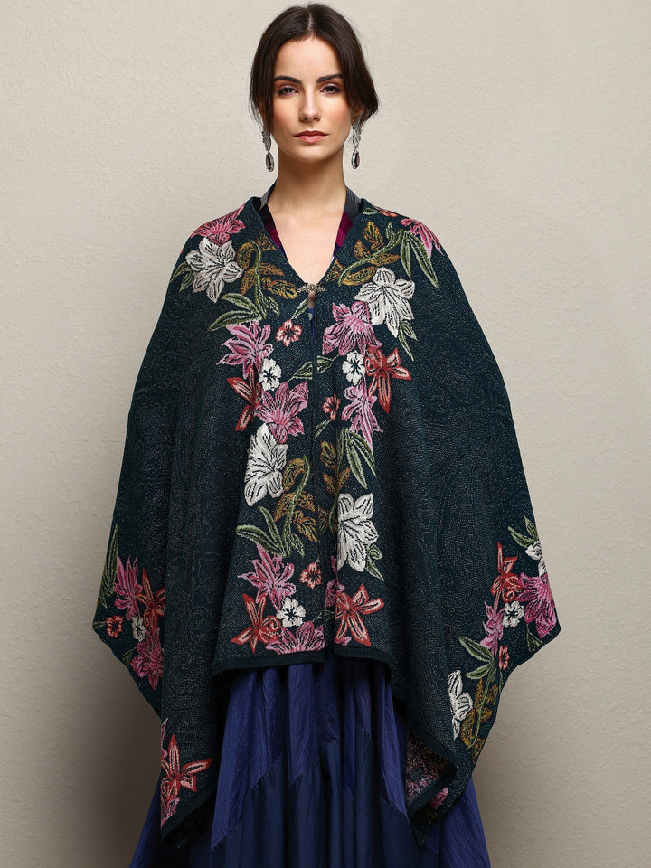 Teal Woven Design Wool Wrap Shawl 