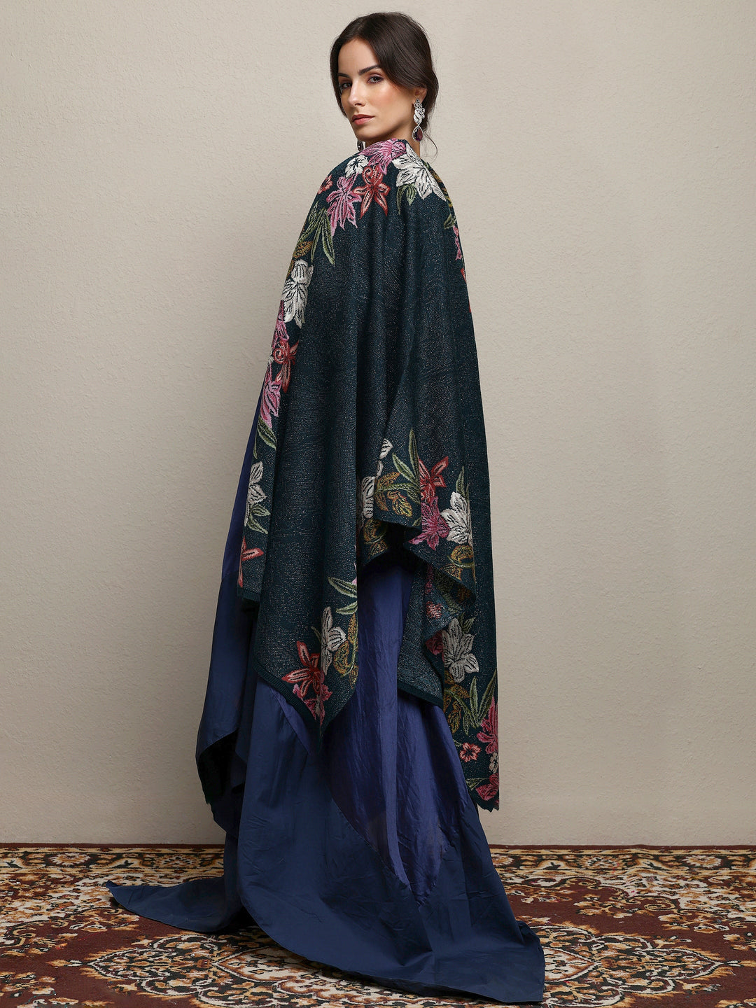 Teal Woven Design Wool Wrap Shawl 