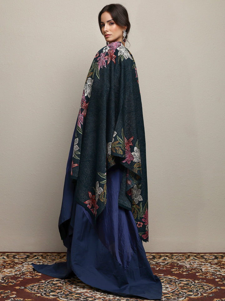 Teal Woven Design Wool Wrap Shawl 