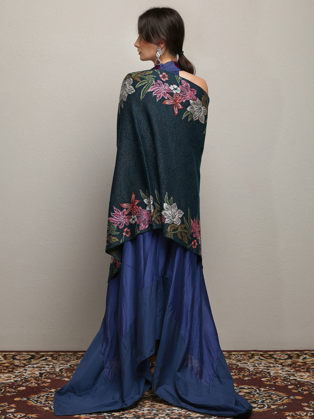 Teal Woven Design Wool Wrap Shawl 