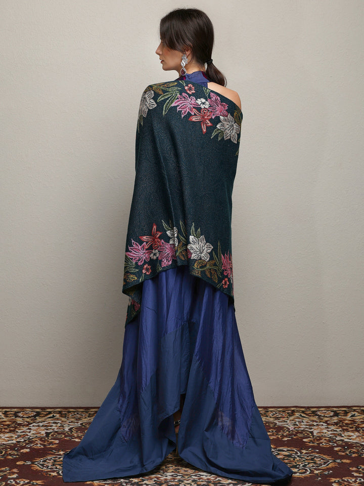 Teal Woven Design Wool Wrap Shawl 