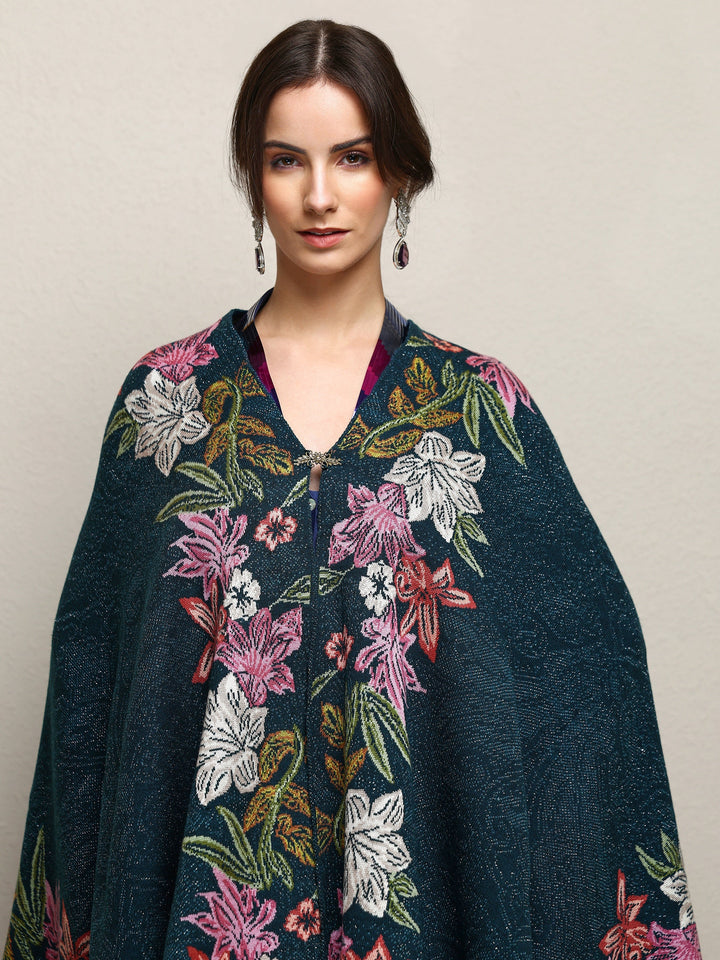 Teal Woven Design Wool Wrap Shawl 