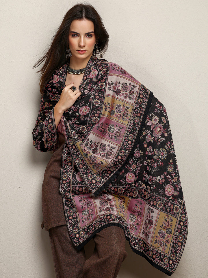 Black Woven Design Wool Women'S Shawl